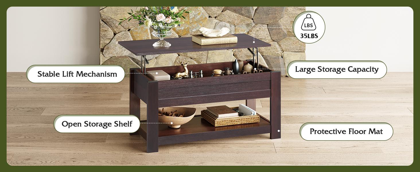 Coffee Table, 39" Lift Top Coffee Table with Hidden Compartment, Storage Shelf and Lifting Top for Home Living Room, Office and Bedroom, Red-Brown