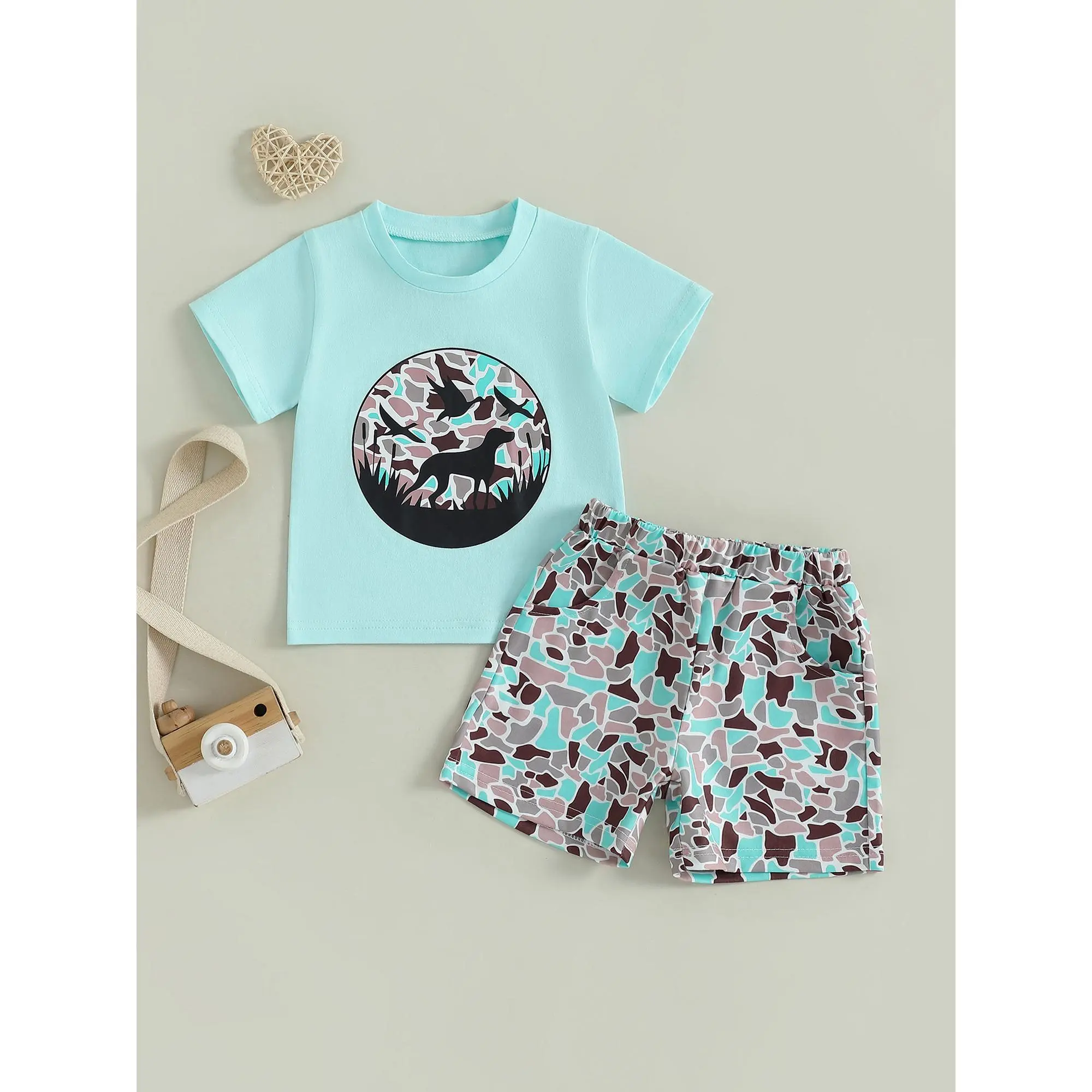 Toddler Baby Boy Shorts Set Dot Bird Short Sleeve Tops Camo Elastic Waist Shorts 2 Piece Summer Outfit