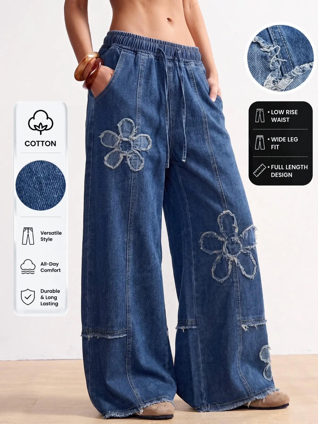 Low Rise Embroidered Patchwork Wide Leg Denim Jeans for Women, Slimming High Elastic Waist Baggy Fit Jean Pants, Trendy Street Style Summer All Seasons Casual Daily Wear
