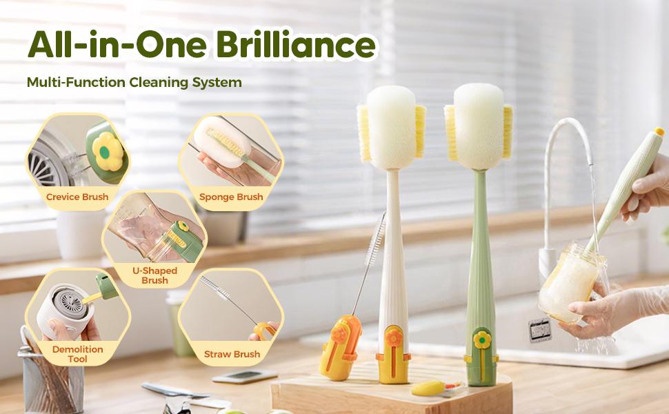 5-in-1 Bottle & Straw Cleaning Brush – Multifunctional Tool for Bottles, Cups Portable Long Handle Bottles Scrubber for Cup Lids, Hard Bristle Sponge Head Bottle Brushes