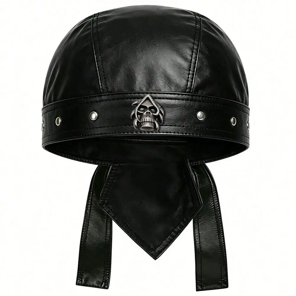 Unisex Punk Skull Lace-Up Doo Rag - Durable, Everyday Plain Leather & Faux Leather Biker Skull Cap for Men, Halloween Motorcycle Costume Accessories, Pu Leather