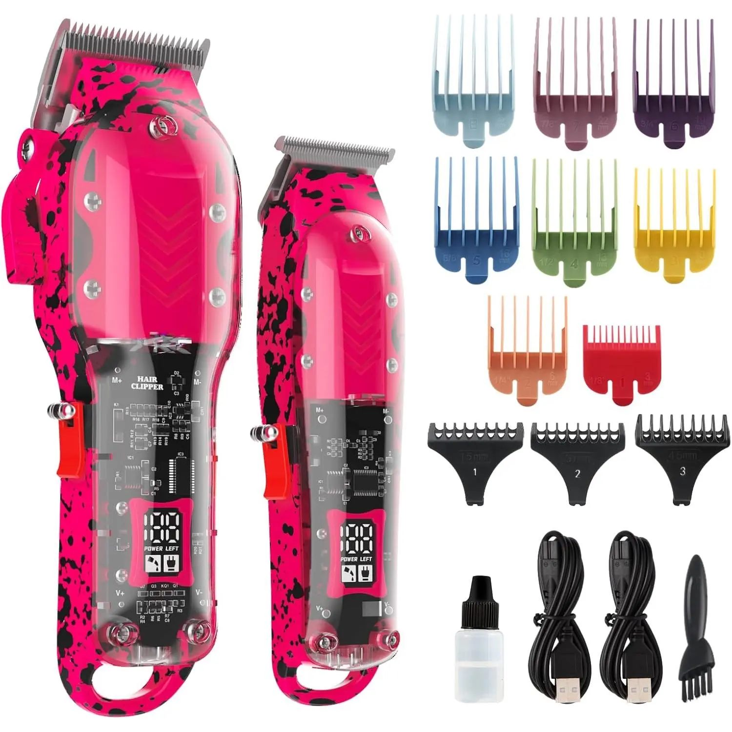 Professional Hair Clippers for Woman, Cordless Barber Kit for Hair Cutting & Grooming, Clippers and Trimmer Set with LED Display, 8 Fade Taper Combs(Pink Set)