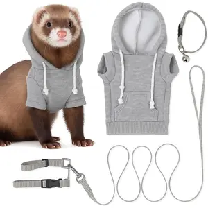 Gray Ferret Sweater Harness and Leash Set, Soft Hoodie Clothes for Ferrets Small Pets, Ferret Stuff & Accessories