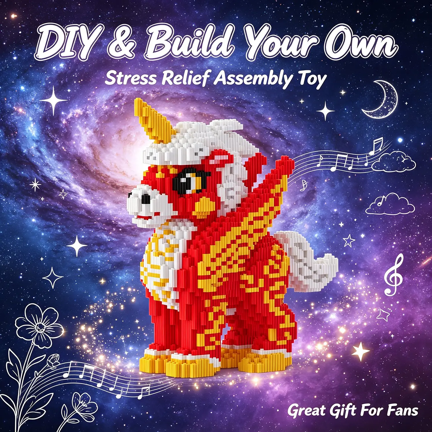 Gold Lucky Unicorn 3D Puzzle Building Blocks, Home Office Decor, Party Decoration, Ideal Gift, Handmade Craft, Collectible Statue