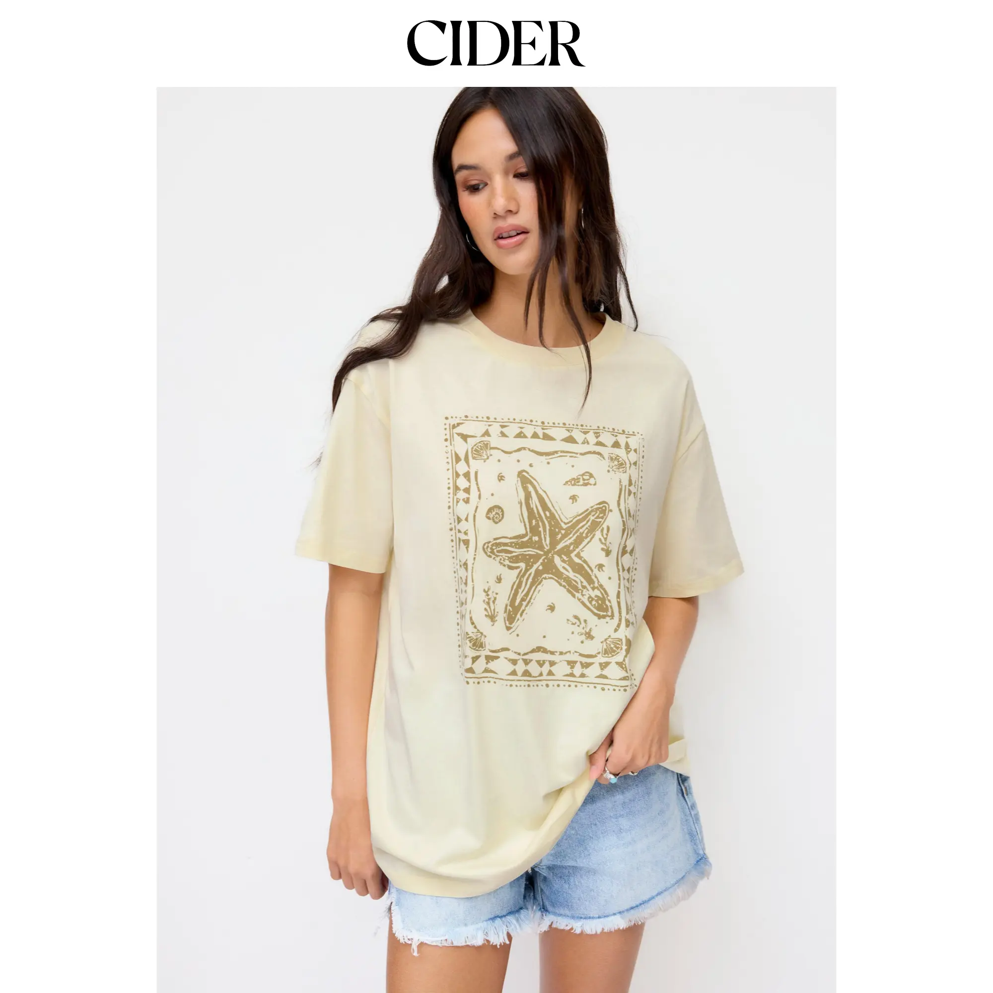Cider Cotton Starfish Graphic Short Sleeve Oversized Tee