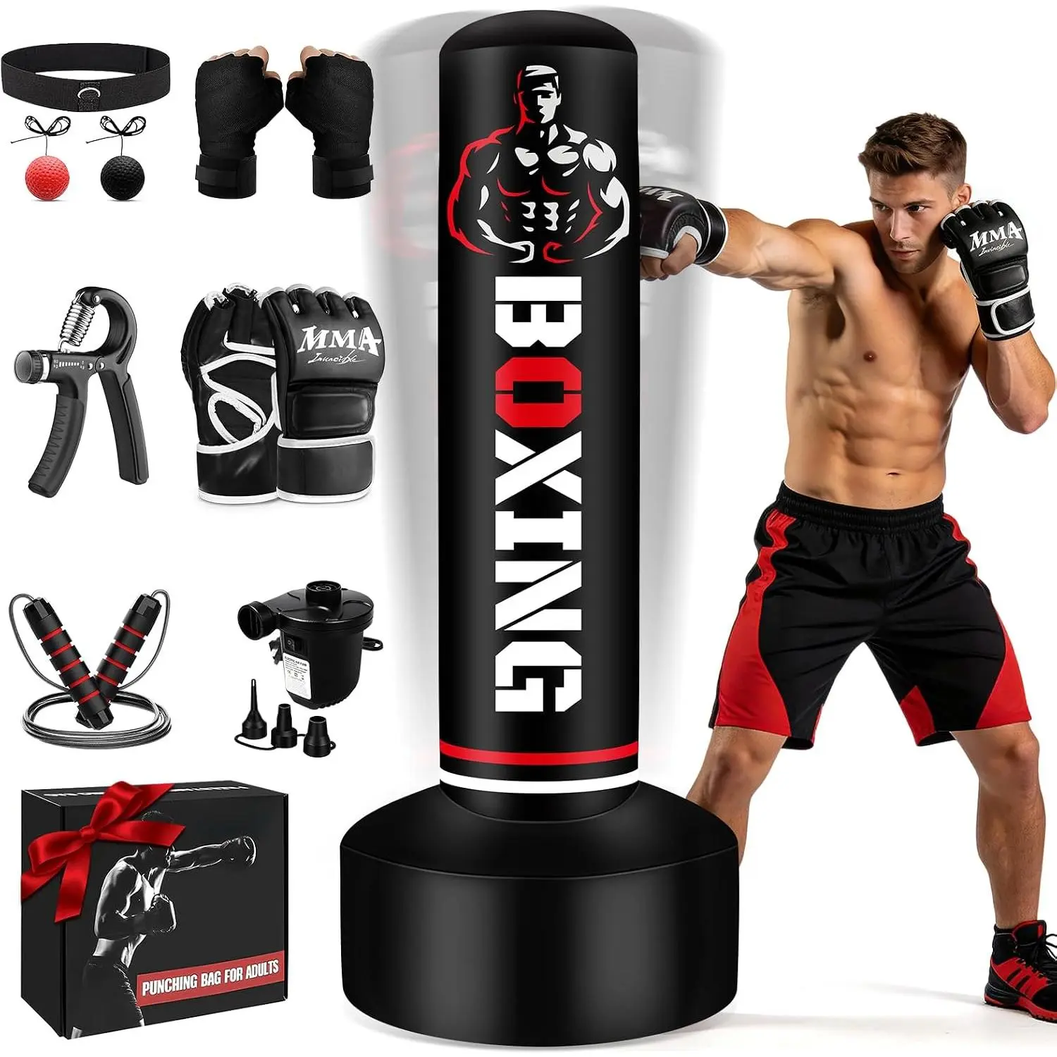 Upgraded 70" Thick PVC Freestanding Punching Bag for Adults - Fill Water/Sand, Rebounds Fast, Heavy Home Gym Set with 12 oz Gloves, Air Pump, Kicking Bag for MMA Training, Includes Accessories