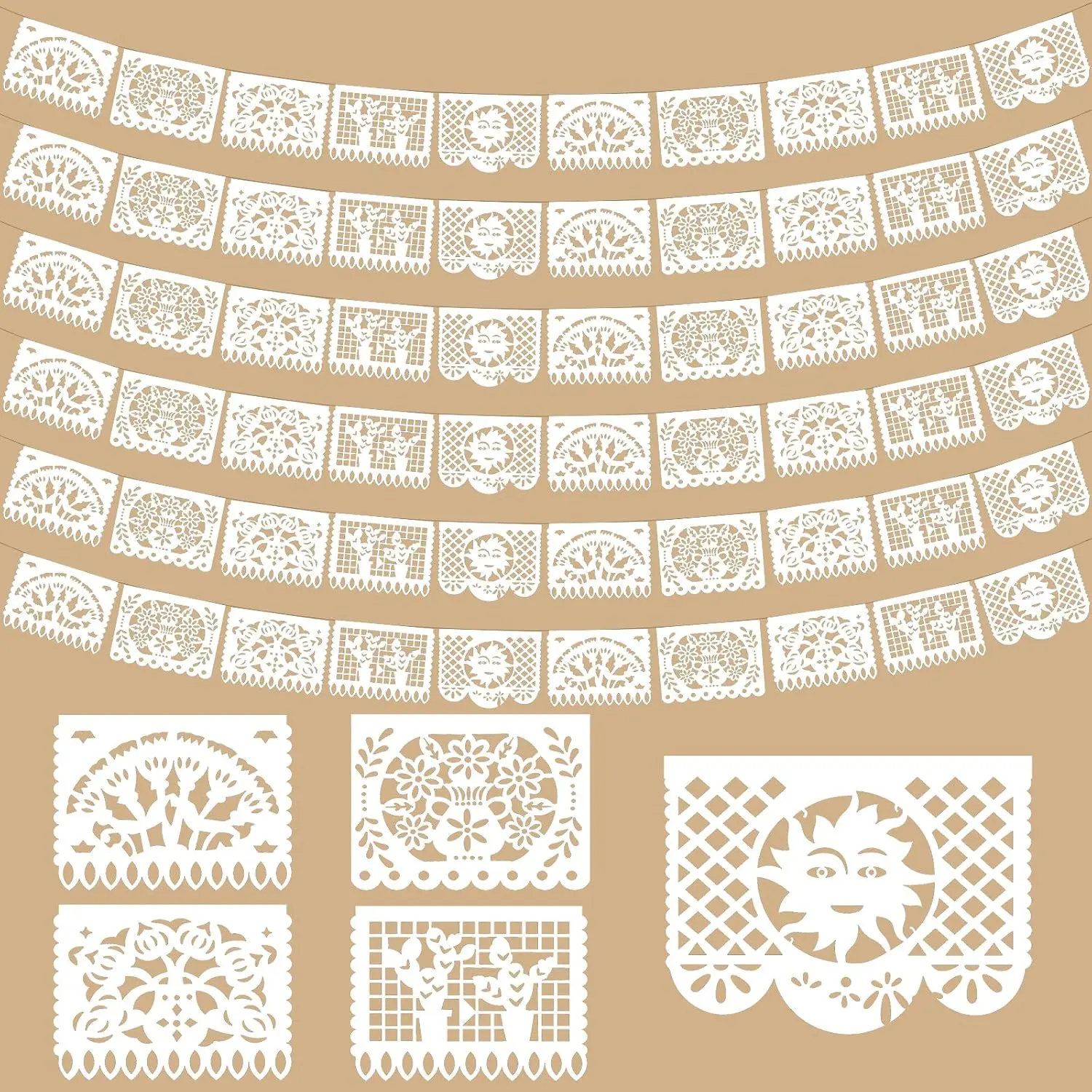 6 Pack White Mexican Banner, 118 FT Long Papel Picado Plastic Fiesta Banner for Weddings, Cinco de Mayo & Dia de los Muertos, Blanco Large Mexican Wedding Decorations