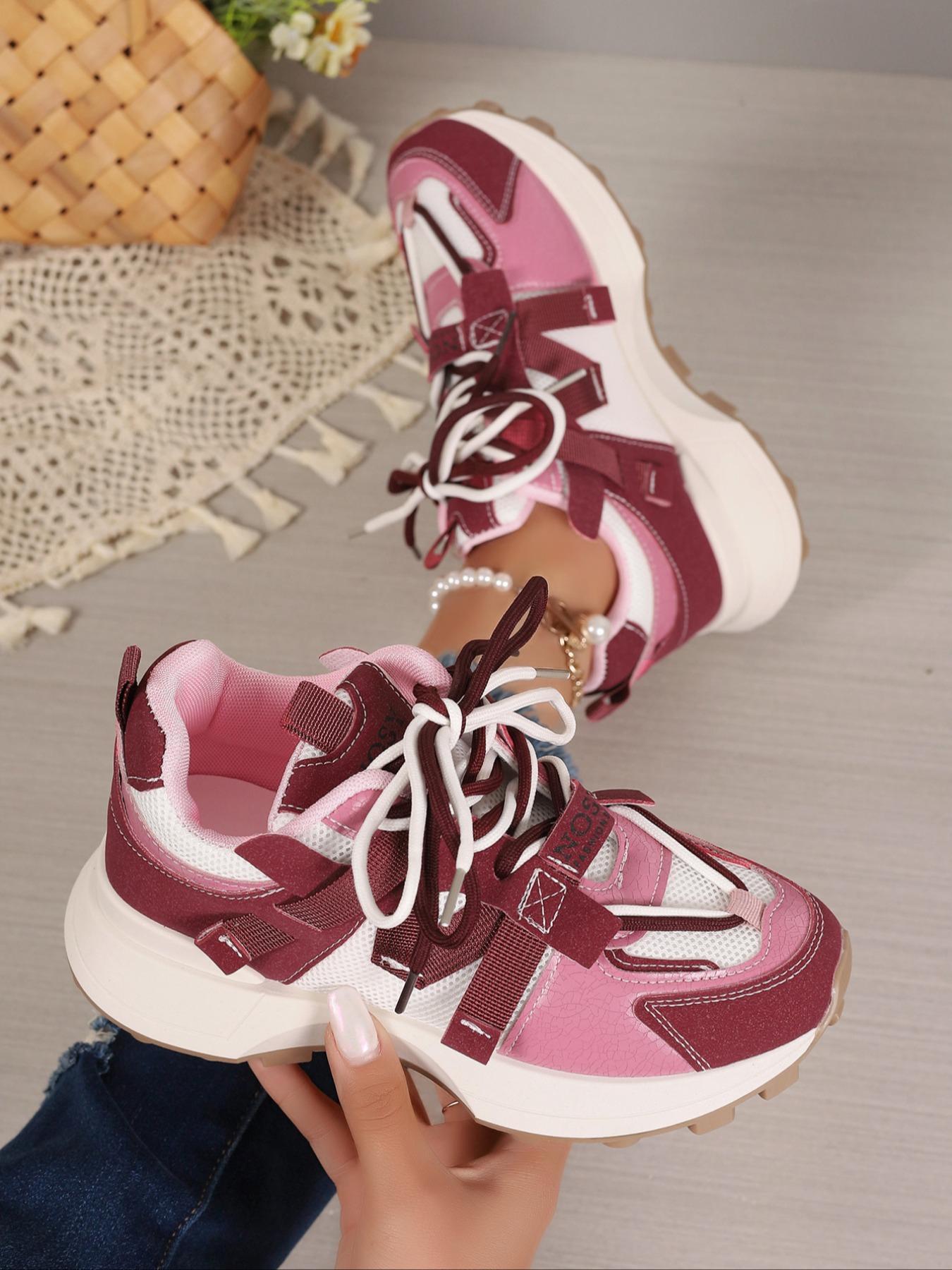 Women's Fashionable Solid / Colorblock Lace Up Sport Sneaker Walking Shoes, Casual Comfortable Breathable Sports Shoes, Female All-match Round Toe Shoes for Daily Wear