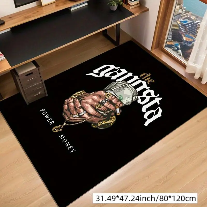 "Gangs, Power, and Money" Themed Flannel Earth Floor Mat — Features US dollar bill and jewelry patterns; suitable for floor protection in living rooms, bedrooms, kitchens, and bathrooms; a great choice for dorm decor; modern style, trendy indoor floo