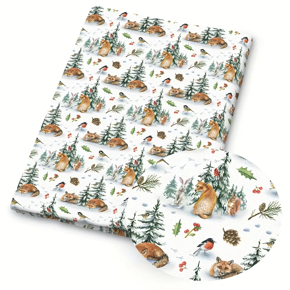 1pc Christmas Print Fabric - 59 X 19.68 Inches (150 X 50 Cm) Pre-Cut Polyester Fabric with Deer, Bears, Foxes, Houses Winter Forest Snow Patterns - Suitable for Sewing, Scrapbooking, Tablecloths And Crafts
