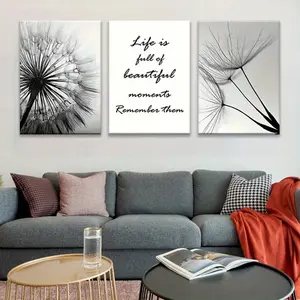 3-piece set of framed black and white canvas prints featuring dandelion plants, canvas wall art paintings (8) sets of posters for bedroom decoration and accessories
