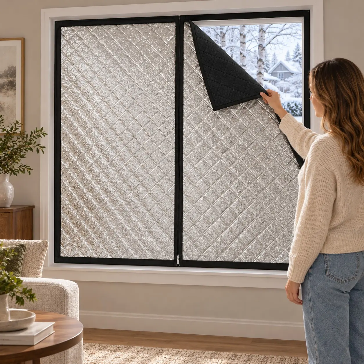 Winter Windproof Window Insulation Curtain, Zipper Opening, Thickened Thermal Blackout, Reduces Cold Air, for Bedroom, Living Room, Apartment Windows