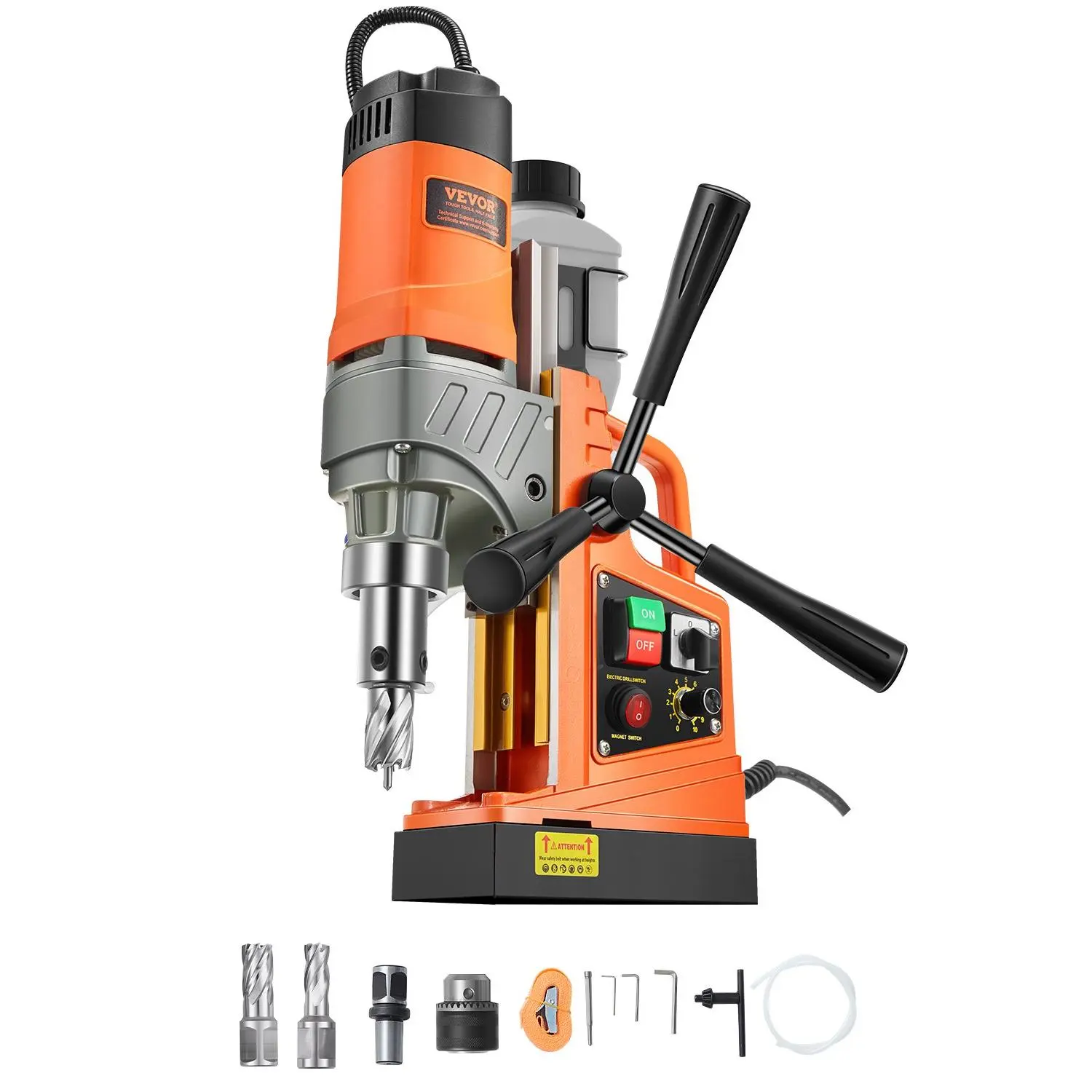 VEVOR Magnetic Drill, 1450W Motor 1.6 in Boring Diameter, 2810 lbf Portable Electric Mag Drill Press, with 2 Coring Bits, Variable Speed, Drilling Machine for Metal Surface, Home Improvement Industry