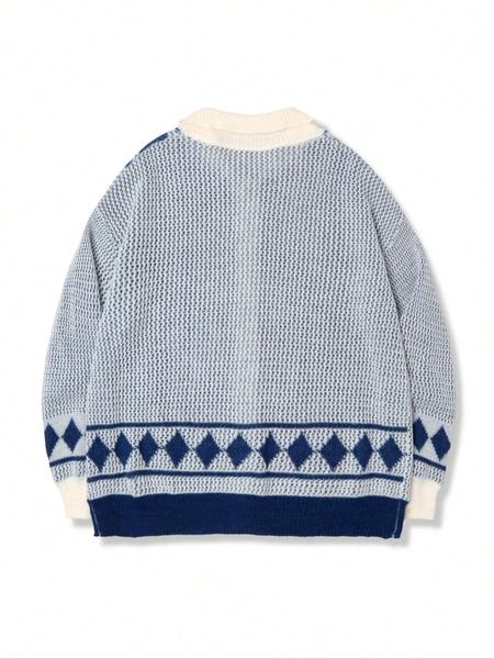 Men's Vintage Casual Wide Plaid Colorblock Polo Collar Button Front Sweater Coat, Perfect for Spring & Fall Seasons, Long Sleeve Knitwear