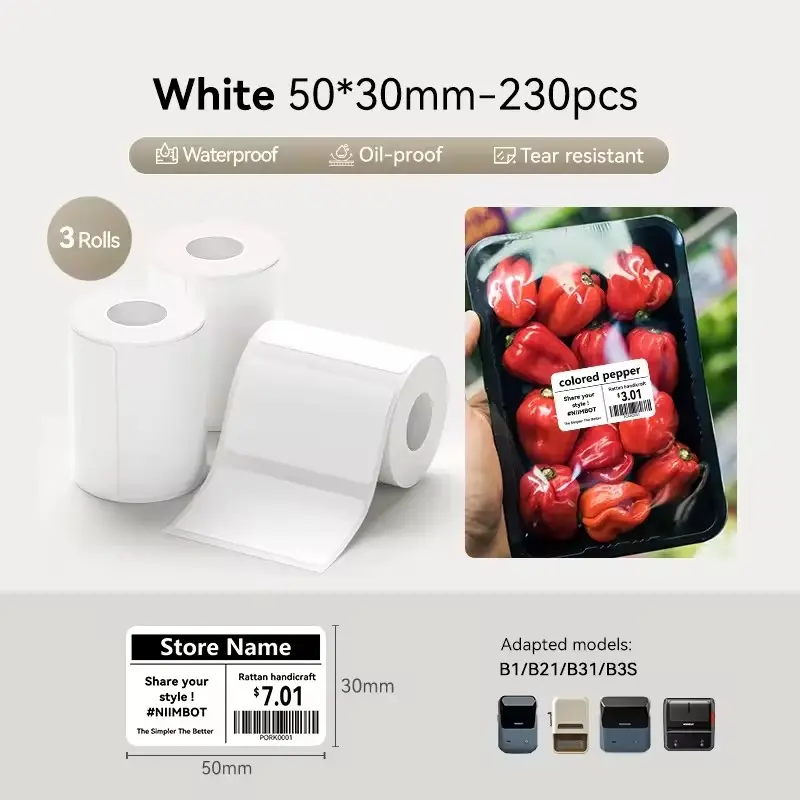 3Rolls Set-NIIMBOT B21/B1/B3S White Thermal Label Paper, Price Tags for Clothing, Stickers for Food, Pantry Labels, Food Labels for Party Buffet, Labels for Kitchen