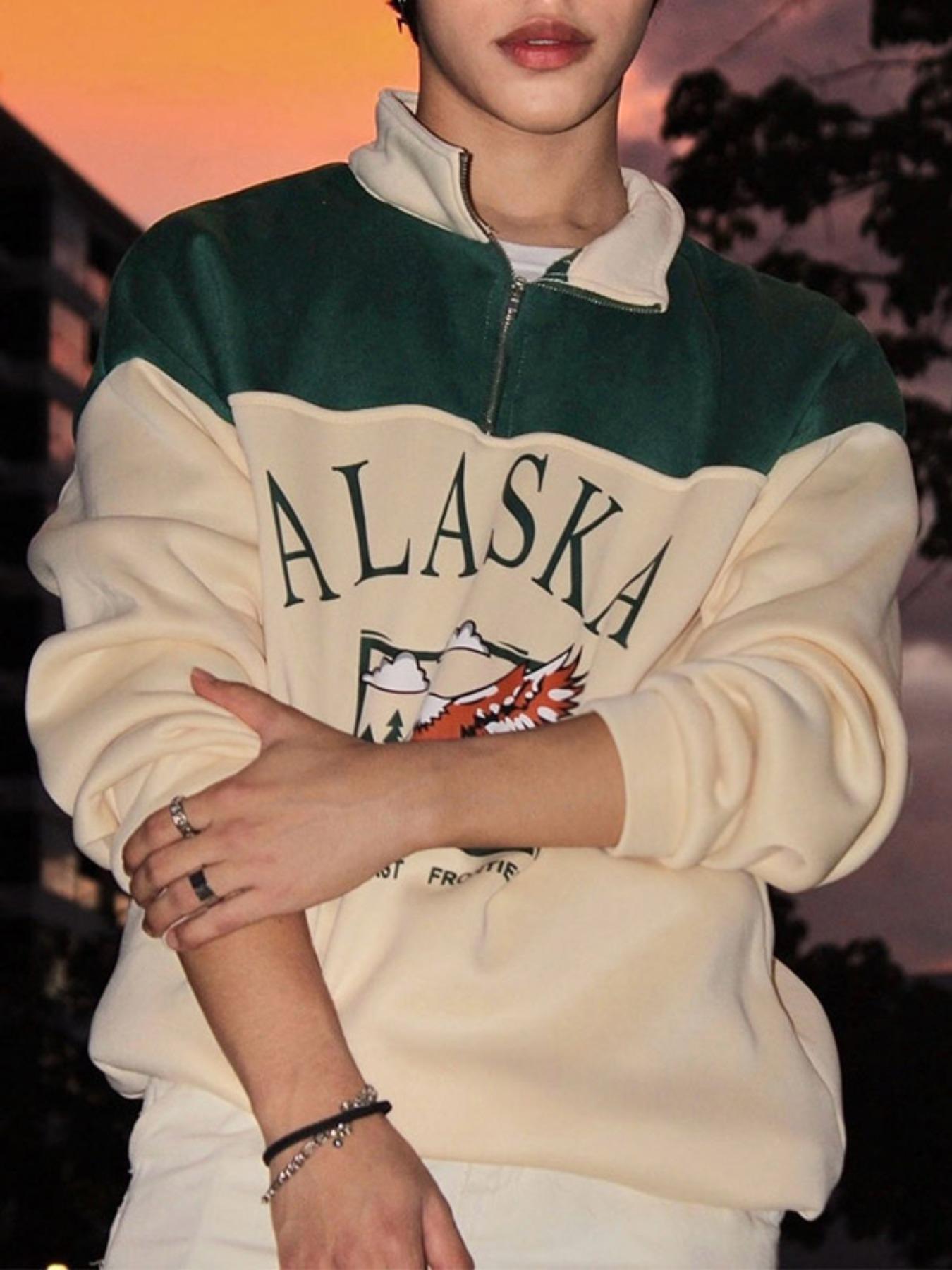 Men's Patchwork Letter & Eagle Print Quarter Zip Sweatshirt, Casual Regular Fit Long Sleeve Stand Collar Pullover for Fall & Winter, Men's Clothes for Daily Wear