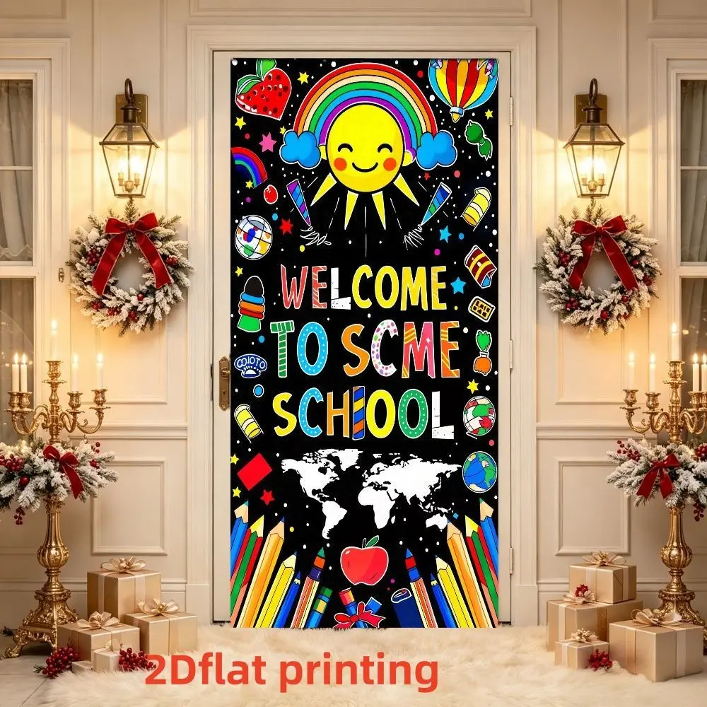 1pc 2D Back-To-School Theme Decoration, Background with Smiley Sun Rainbow, Classroom Door Decor, Kindergarten Opening Scene