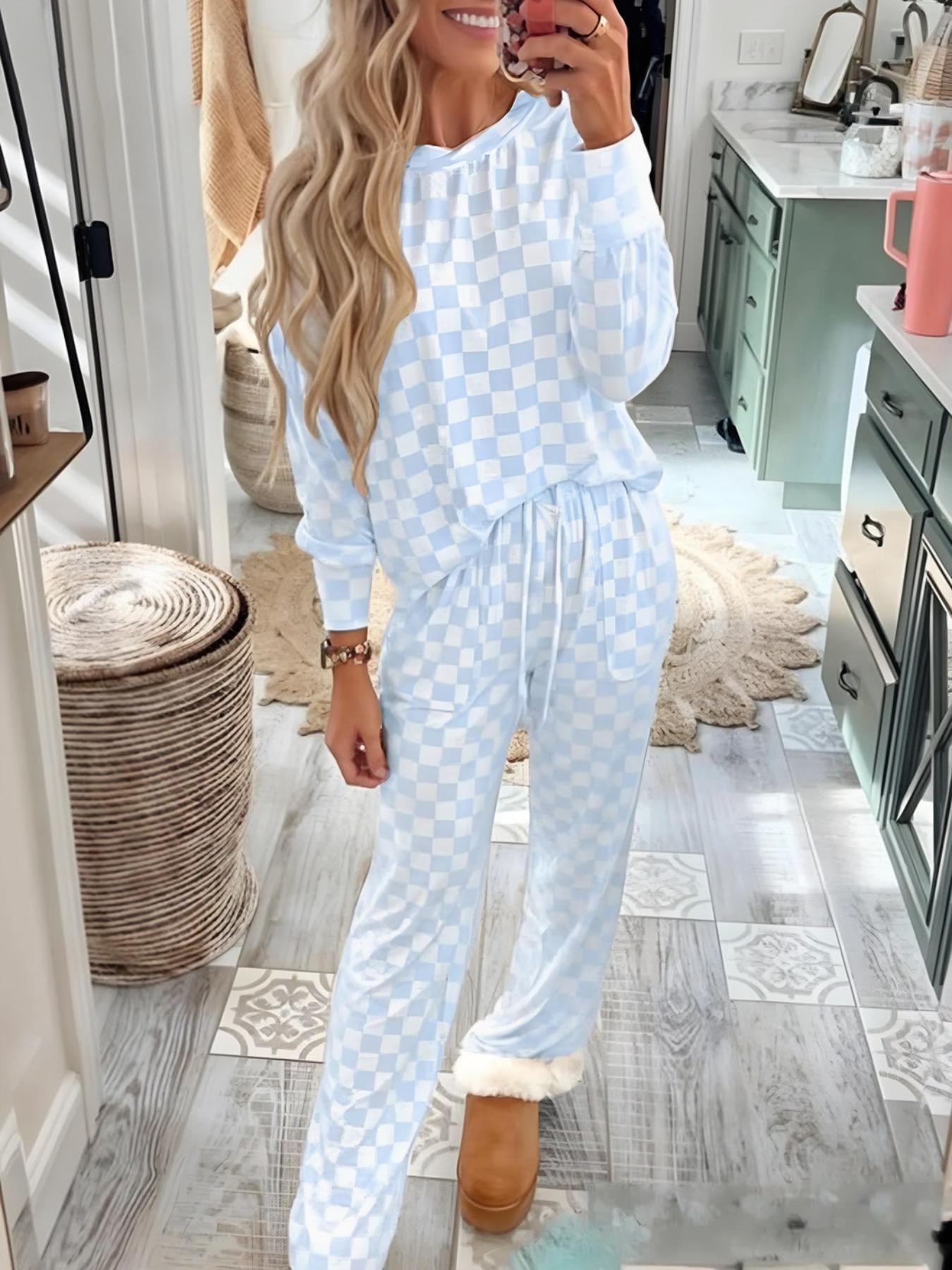 Women's Checkerboard-Print Long Sleeve Tee & Drawstring-Waist Pants Pajama Two-Piece Set, Casual Comfy Round Neck Top & Pocketed Trousers PJ Set, Ladies' Sleepwear & for All Seasons, Soft Lounge Sets