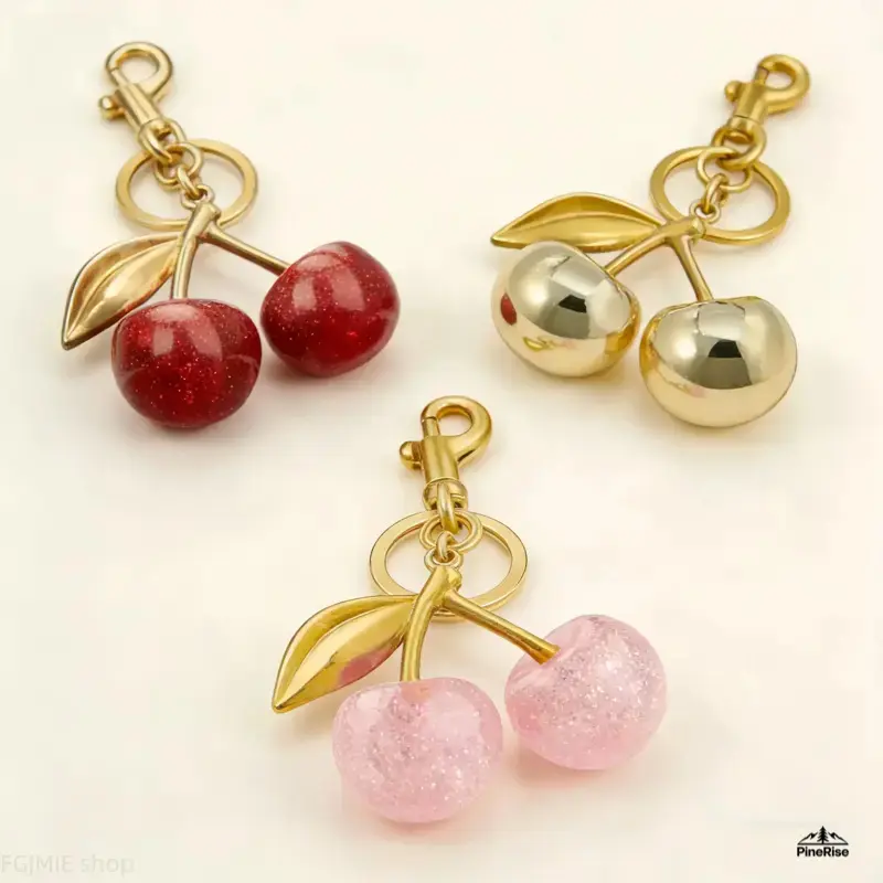 Cherry Bag Charm Keychain Set for Women Girls - 3-Piece Handmade Leather Cherry Charms, Gold Glitter Red Pink Finishes, Clip-On Accessory for Handbag Backpack Gym Travel Gift