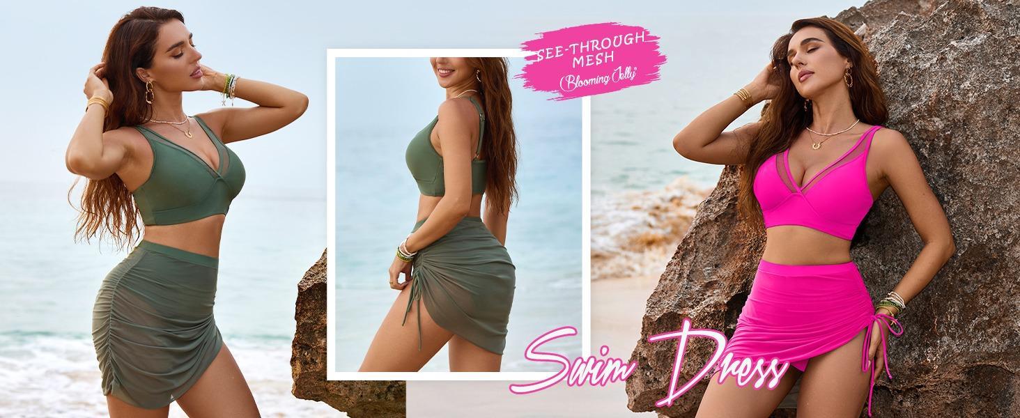 Women's Tummy Control One Piece Swim Dress Slimming Mesh Sheer Sarong Wraps Bathing Suit Modest V Neck Cut Out Swimsuit for Women 2026 - Womenswear Overalls Sleeveless Maternity Square rompers jumpsuit eyelet Rhinestone Off-Shoulder backless