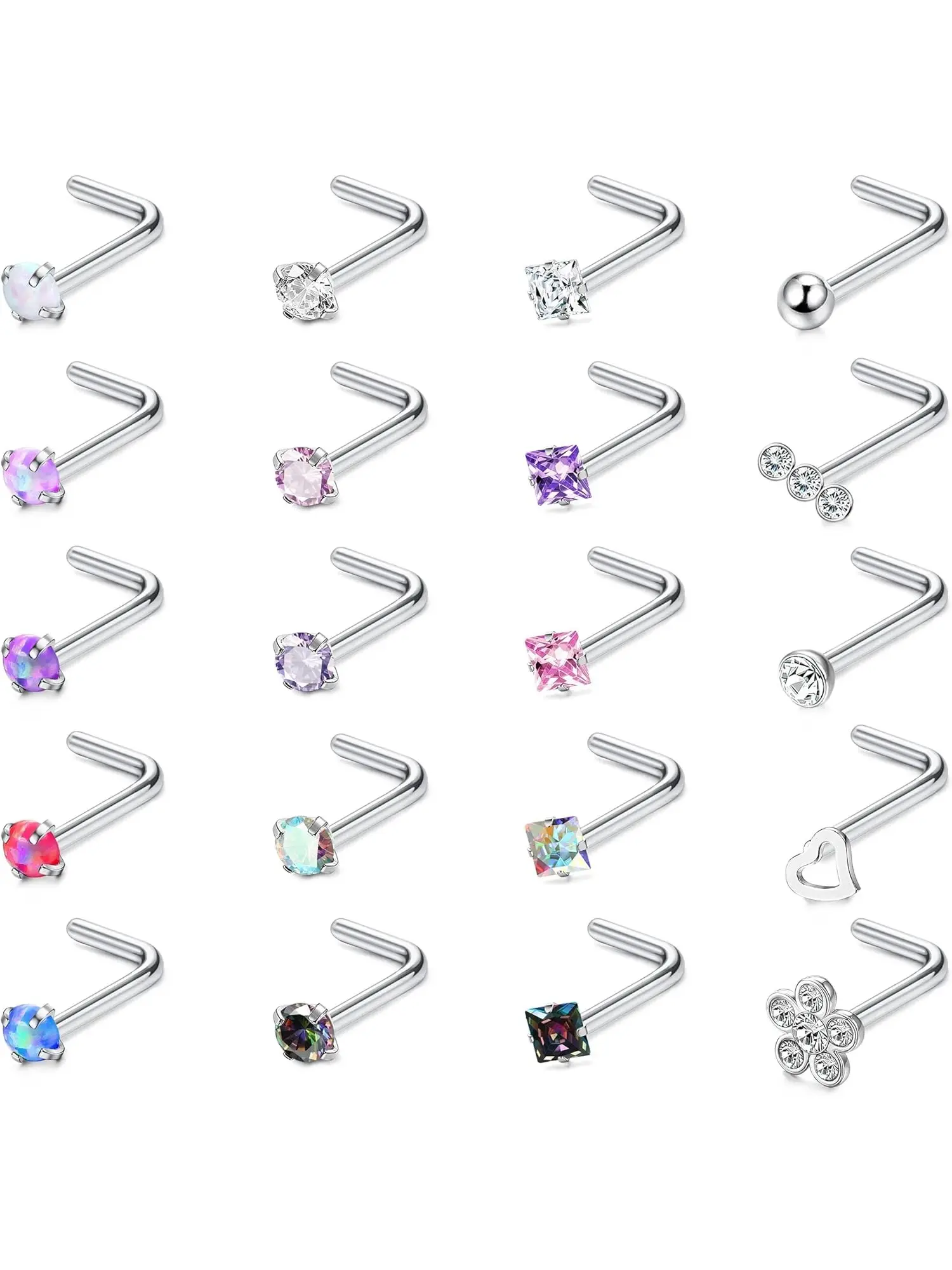 20Pcs Unisex 20G Surgical Stainless Steel L Shape Nose Ring Stud Set, Multicolor Diamond Opal CZ Nostril Piercing Jewelry For Women Men