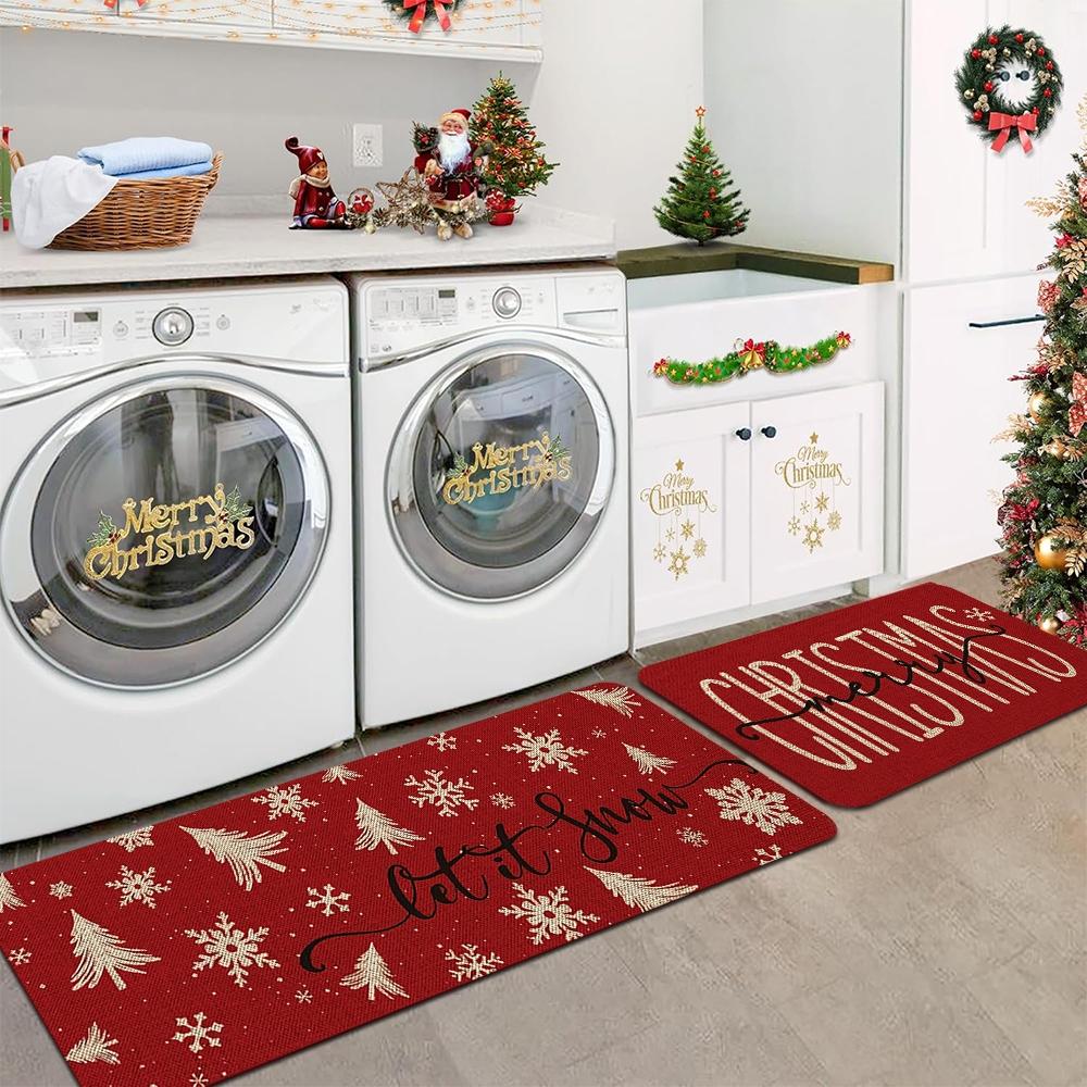 Christmas Kitchen Mats Set, Festive Wood Grain Design, Non-Slip Soft Low Profile, Winter Home Decor, Holiday Cooking & Celebrations, Home Decorative Rug