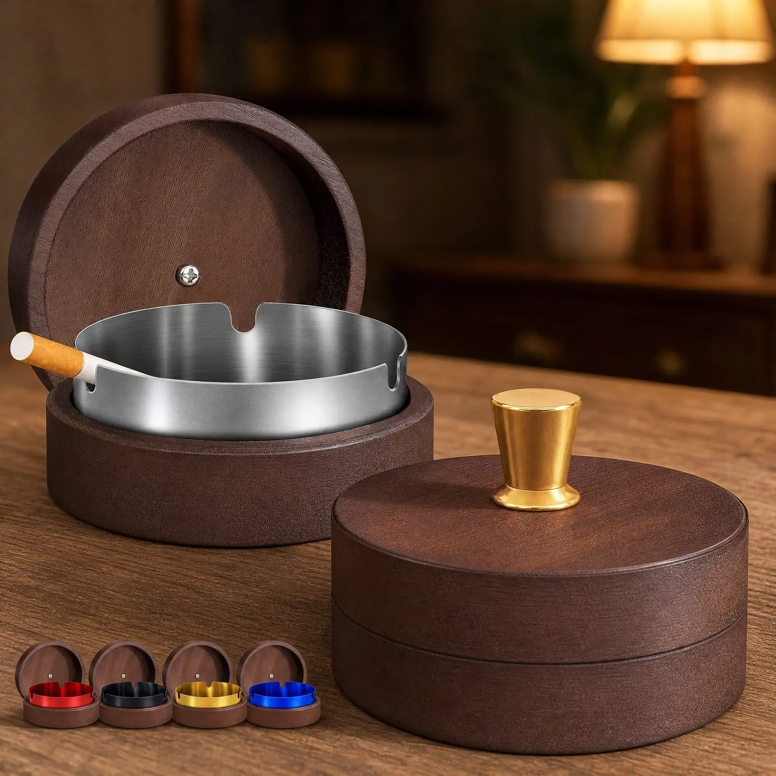 Wooden Ashtray with Lid (2 Pack), Smokeless Cigarette Ashtray with 3 Holders for Indoor & Outdoor Patio, Home Decor Smoking Accessories - SilverGift