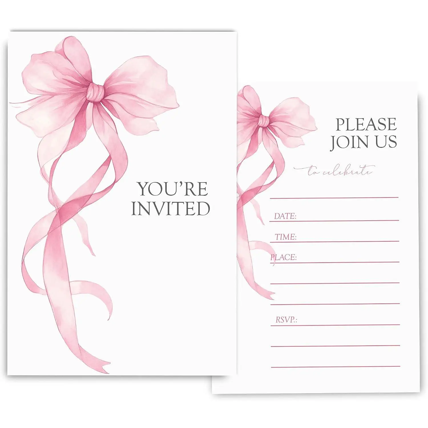Pink Bow Birthday Invitations for Girls, Elegant Bow Birthday Party Invitaions for Girls Coquette Party Invites, 4x6 Inches, 30 Sets with Envelopes