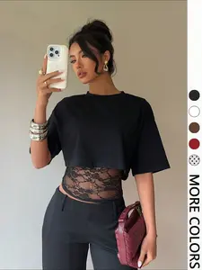 1pc Black Cropped T-shirt with Lace Splicing, Loose Layered Design, Sexy Daily Commute Wear