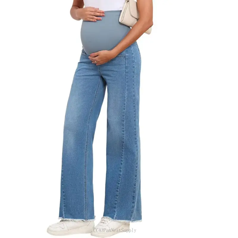 Maternity Jeans for Women Straight Leg Stretchy Denim Ripped Pregnancy Boyfriend JeanCC43PanNestSupply
