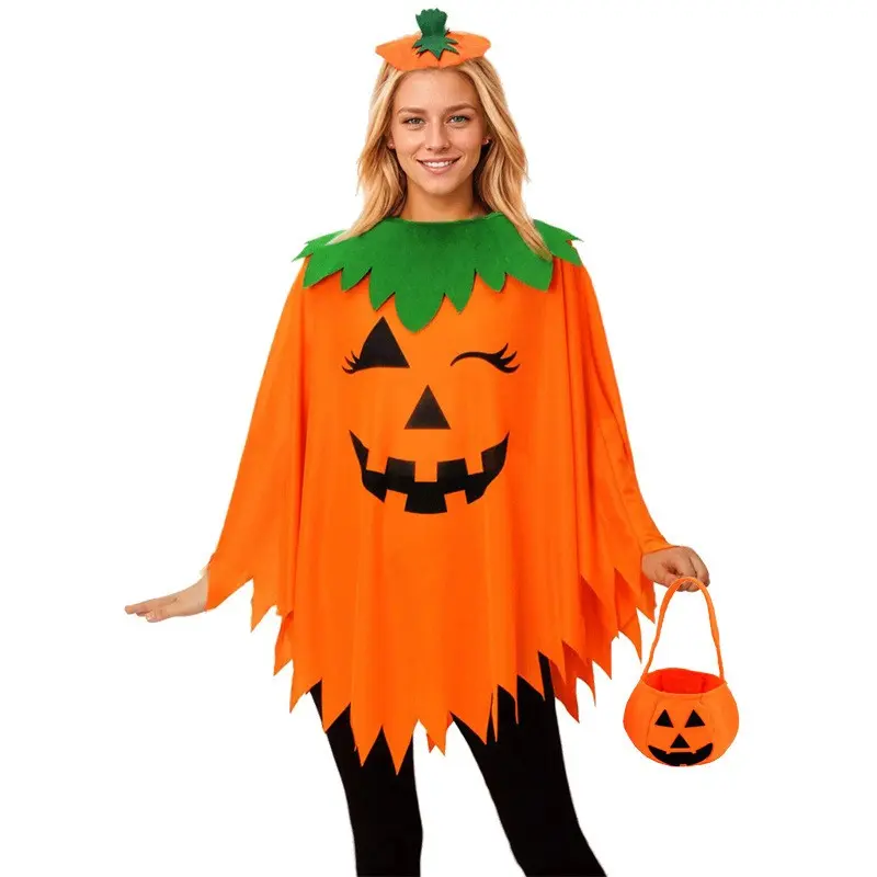 3pcs Women Halloween Pumpkin Poncho Costume Set, Includes Pumpkin Headband & Candy Bag, Perfect for Halloween Parties and Events