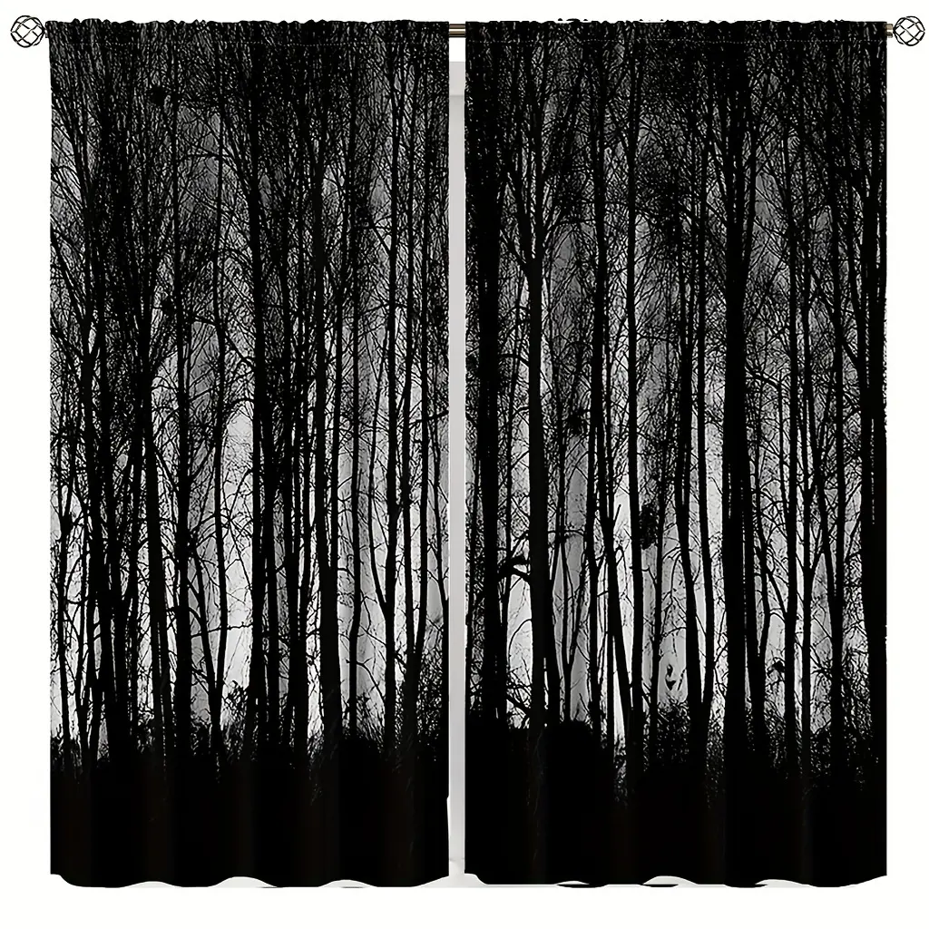 2 Gothic Black Forest Curtains, Dark and Misty Mysterious Pine Tree Blackout Rod Pocket Window Decorations for Bedroom and Living Room grommet design Snowman Winter Scene valance roman blinds Sheer Pinch Pleated Curtain party Gold Bauble Snowflake Decorat