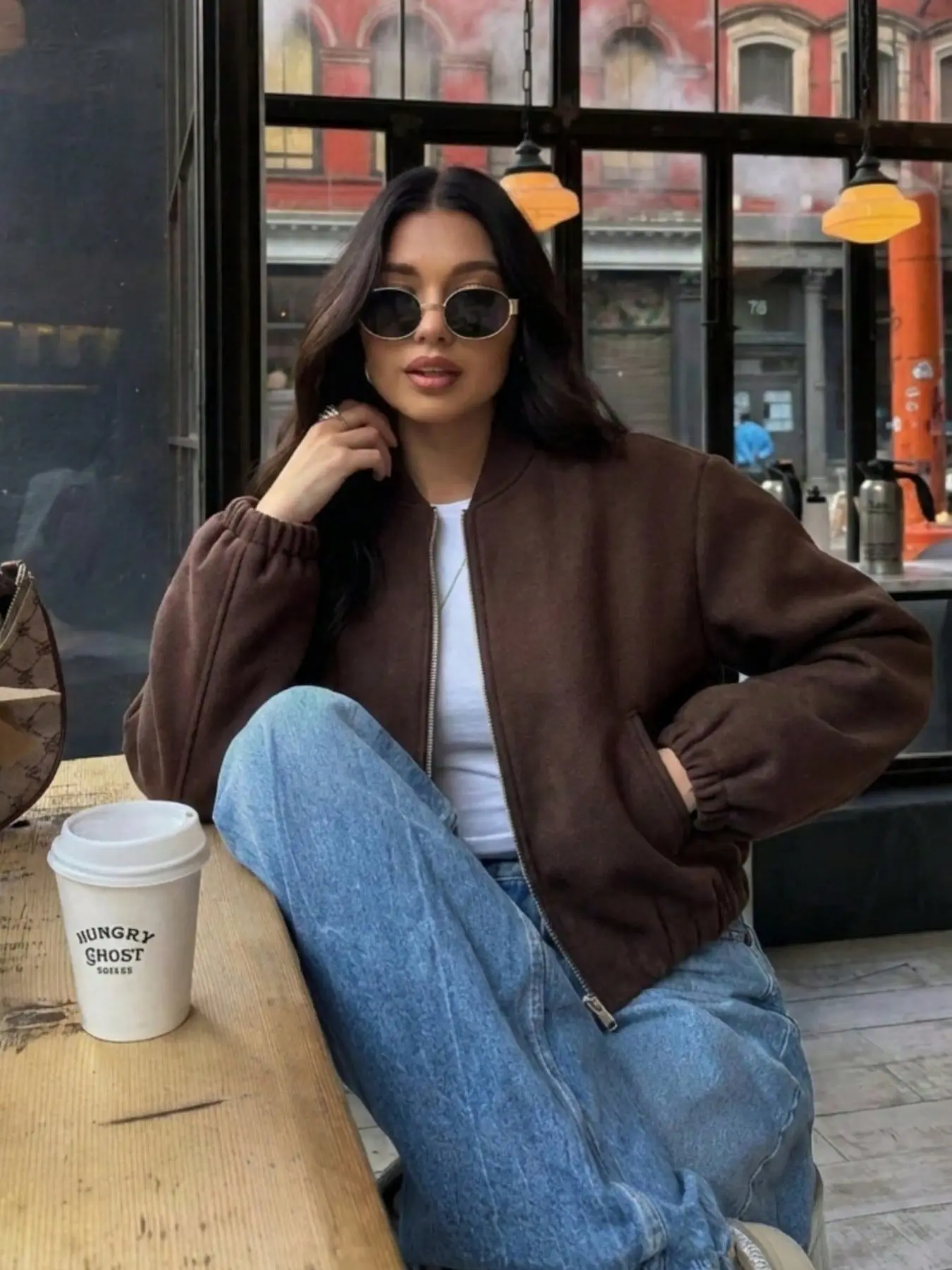 Women's Spring & Fall Casual Elegant Aesthetic Loose Fit Coffee Korean Style Round Neck Zipper Short Wool Jacket Coat