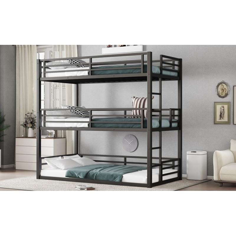 Twin  over Twin  over Twin  Bunk Bed, Metal Triple Bunk Bed with Safety Guardrails, Heavy-duty Bunk Bed with Noise-reduced Design, Black