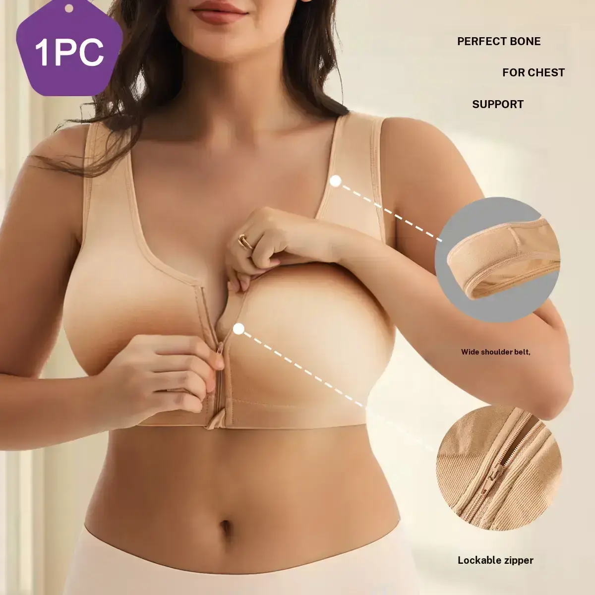 QUASTI Women's Wireless Front Zipper Sports Push Up Bra Seamless, Breathable, Stretch Cup Lifting Unlined Full Coverage Bralette, Skin friendly Lightweight Solid Color Everyday Lingerie (Sizes M XXL)