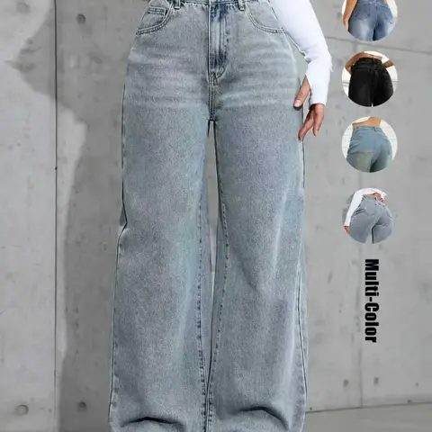 Women's Fashion Chic Minimalist High Waist Wide Leg Washed Woven Denim Jeans, Washed Casual Jeans, Comfortable Fit Pants for All Seasons, Womenswear