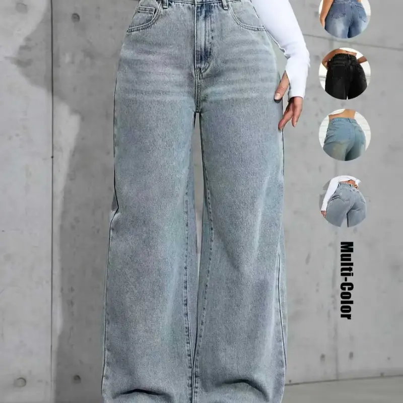 Women's Fashion Chic Minimalist High Waist Wide Leg Washed Woven Denim Jeans, Washed Casual Jeans, Comfortable Fit Pants for All Seasons, Womenswear