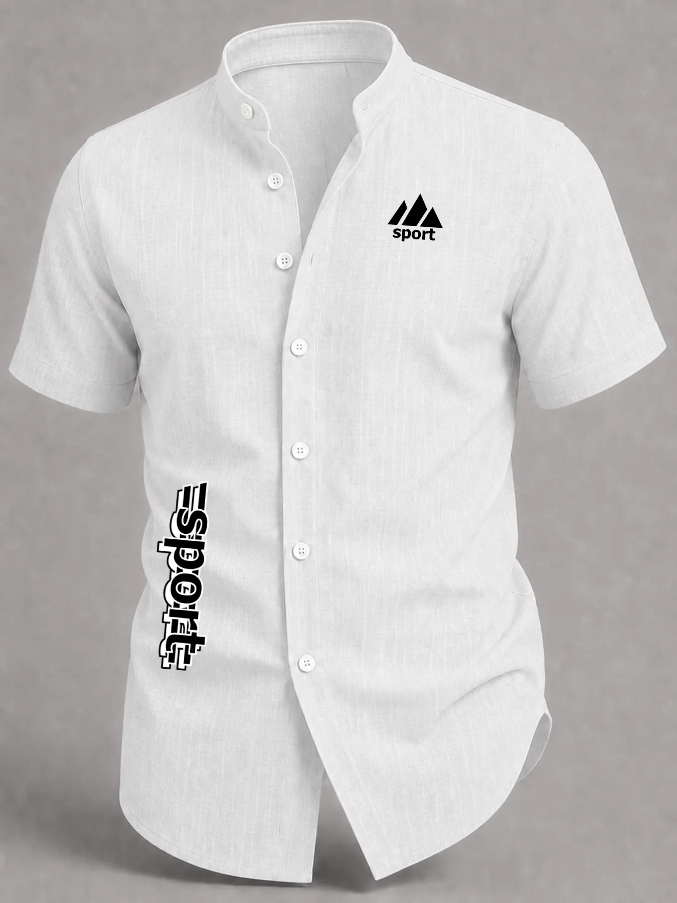 Men’s Double Sport Graphic Short Sleeve Shirt, Textured Mandarin Collar, Slim-Fit Casual Streetwear, Summer Travel & Vacation Top