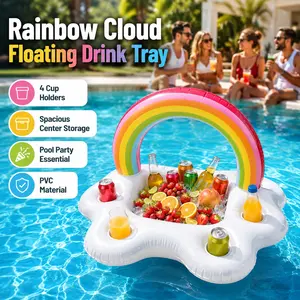 Inflatable Rainbow Cloud Drink Float for Pool, Summer Floating Serving Bar Tray with Ice Cooler Basin, 4 Cup Holders and Fruit Snack Storage, Durable PVC Beverage Holder for Adults, Family, Swimming Pool, Beach, Lake, Backyard and Outdoor Party