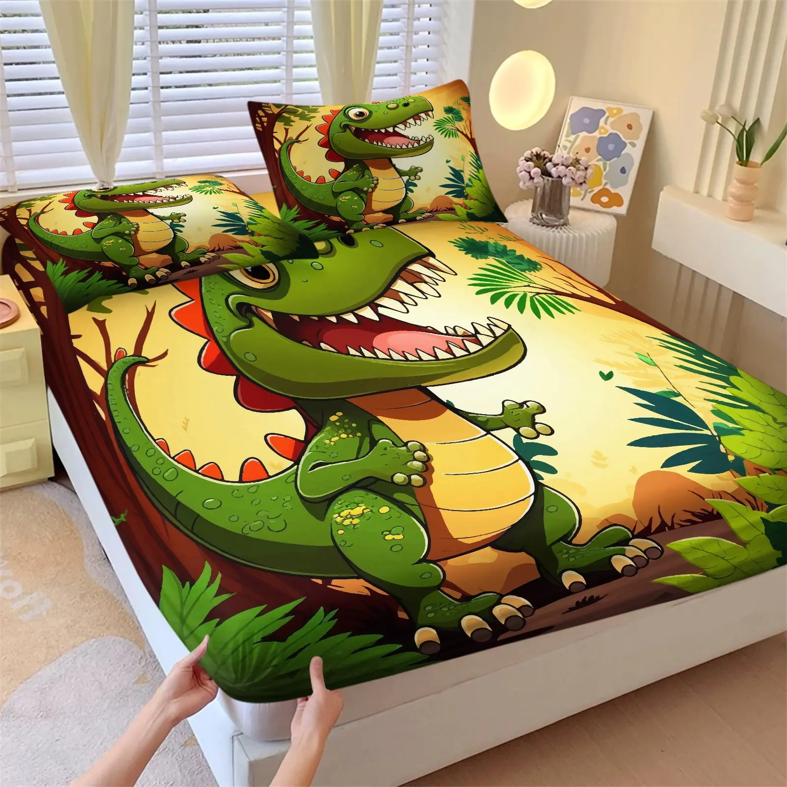 3Pcs Dinosaur Fitted Sheet Set, Cute Cartoon Bed Sheets Set,  1 Fitted Sheet & 2 Pillowcase Bedding Set, Washable Bedding Supplies, No Filling, Fun Jungle Animal Style for Kids Room Bedroom Dorm for Boys Children