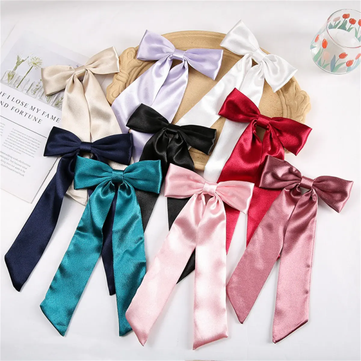 Elegant Satin Ribbon Bow Hair Clips Solid Fabric Hair Barrettes for Women Half Up Back Head Daily Fashion Hair Accessories