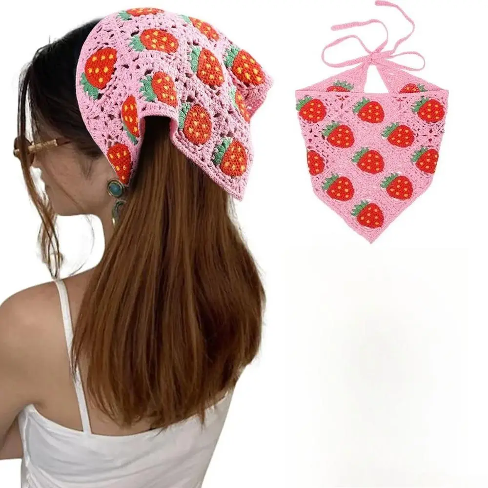 Women's Crochet Headband with Strawberry Motif, Handmade Cotton Yarn Hair Accessory, Adjustable Tie-Back for Summer Beach Outings, Adjustable Fit