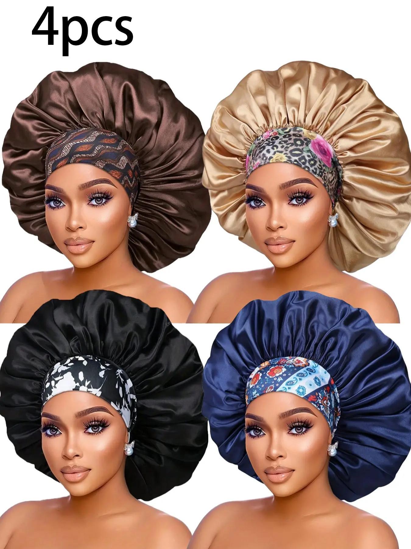 Women's Plain Color Bonnet (4pcs), Casual Fashion Ditsy Floral Print Wide Band Bonnet, Soft Comfortable Sleeping Bonnet for Women & Girls, Bonnets for sleeping