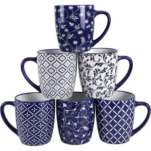 18 OZ Large Coffee Mugs Set of 6, Blue White Geometric Floral Ceramic Porcelain Cups for Men Women, Suitable for Latte Tea Cappuccino Mocha Cocoa, Perfect Housewarming Wedding Gift