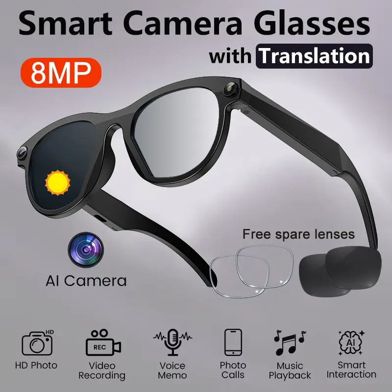 Koipsse Smart Translation Glasses with 8mp Camera, Music Playback, Replaceable Lenses, Dual Touch Hands-Free Calling