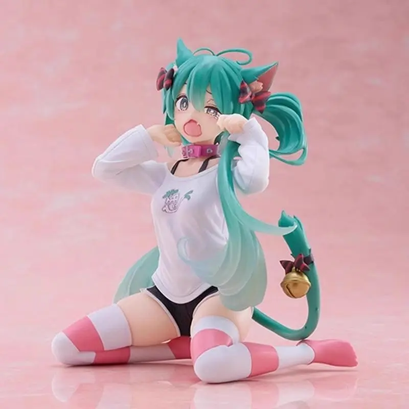 Anime Fan Gift, Hatsune Miku Figure 12cm, Cat Ear Pikachu Kneeling Pose PVC Statue, Bell Tail Collar, Desktop Decor Collection Model with Box