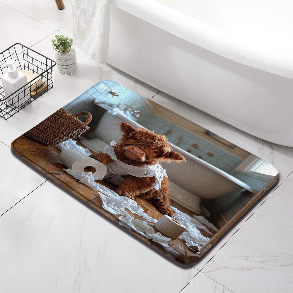1pc Adorable Highland Cow Bath Mat Cute Calf with Toilet Paper in Cozy Bathroom Setting Plush Flannel Bath Rug for Home Decor Perfect for Various Rooms Home Decor Accent, Room Decor Accessory, Animal Themed Mat, Highland Cow Decor