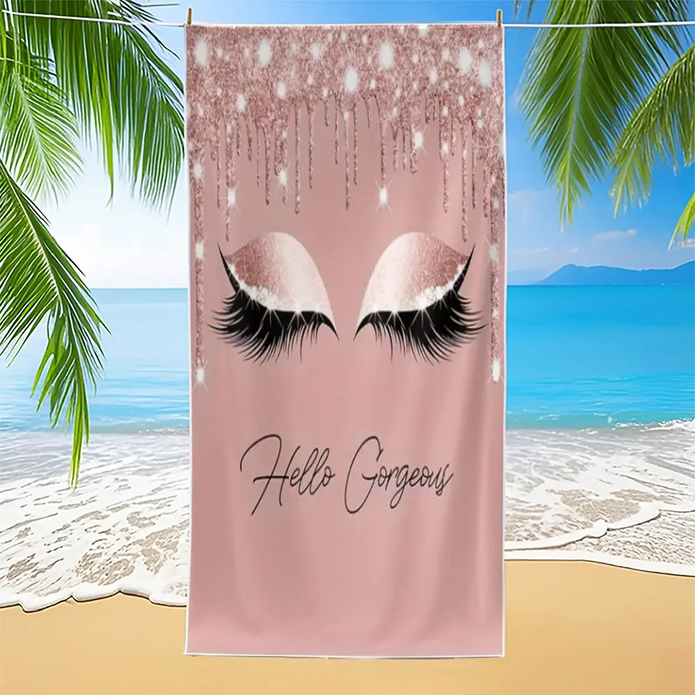 Rose Gold Glitter Long Lashes Beach Towel, Ultra-Fine Fiber Quick-Dry Sand-Resistant Large Swim Bath Sheet, Shiny Makeup Towel