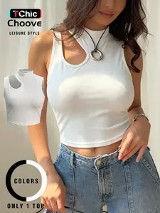 Women's Fashion Sexy Crop Top, Sleeveless Short Sleeve Cut Out Design, Tight Fit Showcases Figure, Inner and Outer Wear, Casual Style