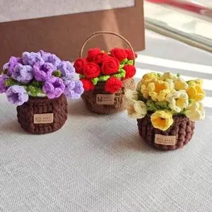 Rose Crochet Coasters with Plant Pot Handmade Knitted Flower Bouquet Coaster Coffee Table Cupmat Placemat Home Office Decor